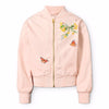 Pink bomber jacket with butterfly and floral embroidery on a white background