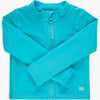 aqua colored shirt with zipper on white background