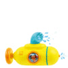 Yellow toy submarine with water spray feature on a white background