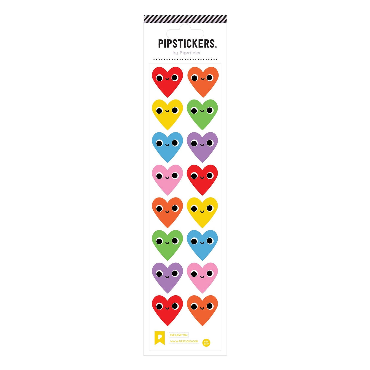 Sheet of colorful heart-shaped stickers with PipStickers branding on a white background