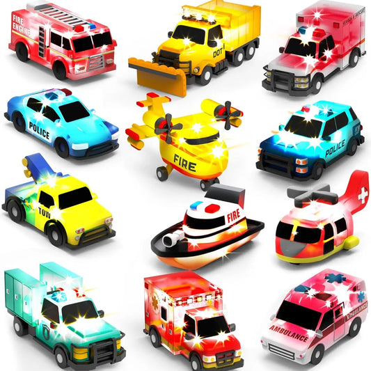 Collection of toy emergency vehicles including fire trucks, police cars, and ambulances on a white background.
