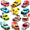 Collection of toy emergency vehicles including fire trucks, police cars, and ambulances on a white background.