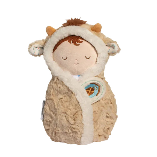 Stuffed toy resembling a character in a space-themed outfit on a white background