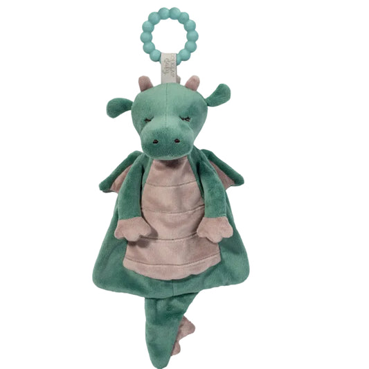 Green dragon plush toy with a teething ring on a white background