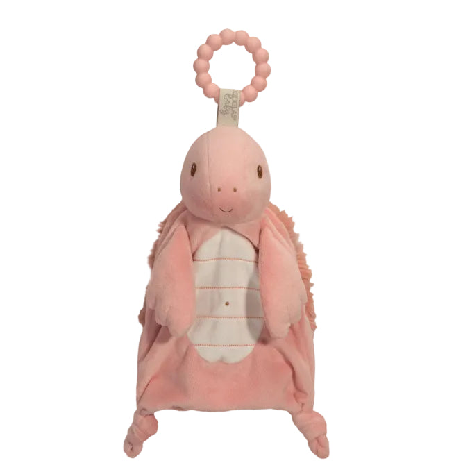 Pink plush toy with a teething ring on a white background