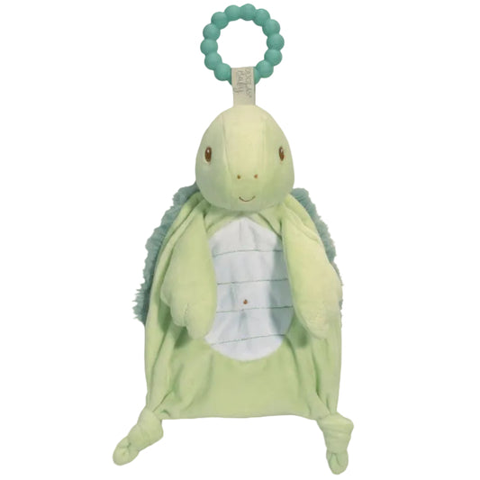 Green plush toy with a teething ring on a white background