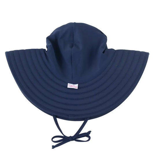 Navy blue sun hat with a bow on a white background
