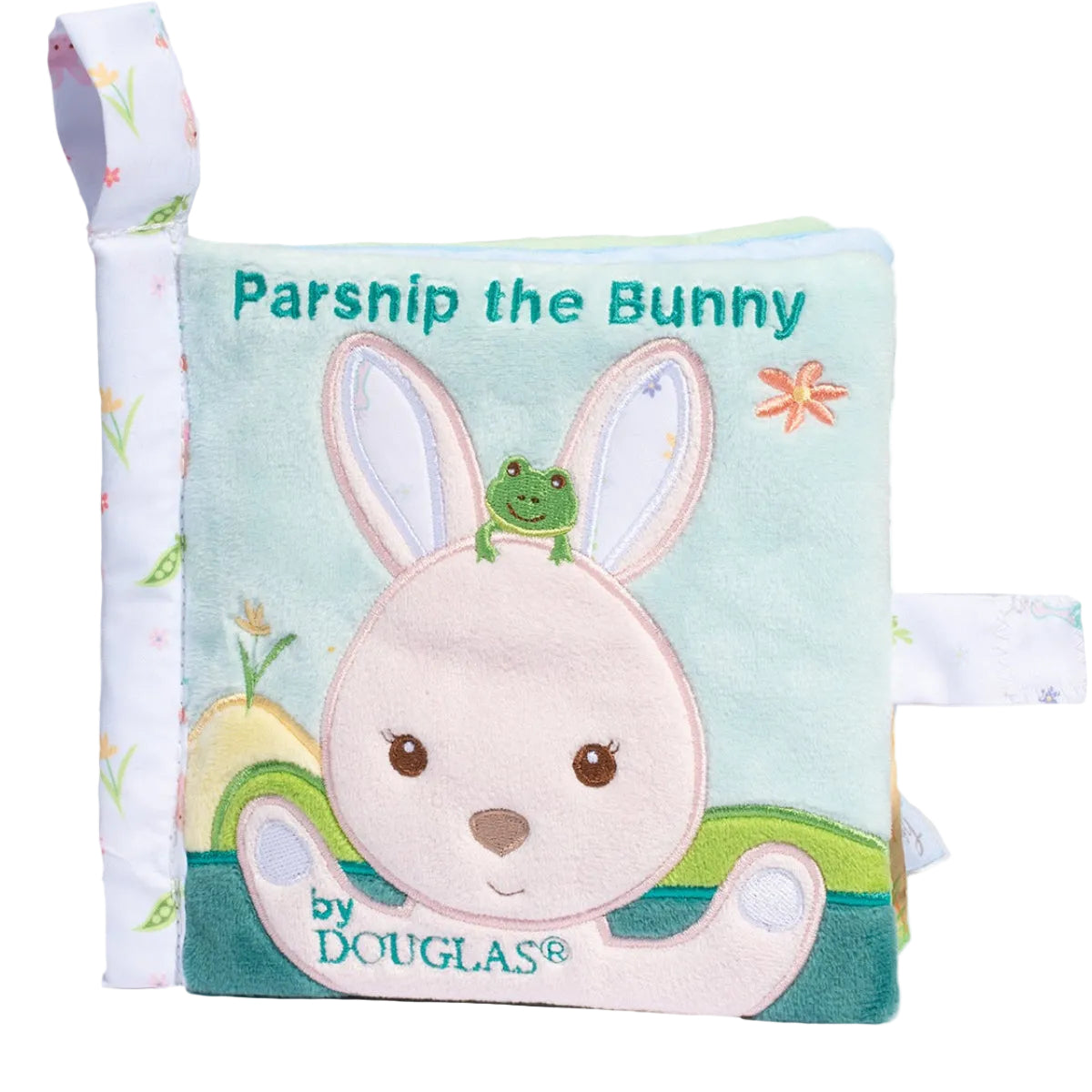 Children's soft book with a bunny design on a white background