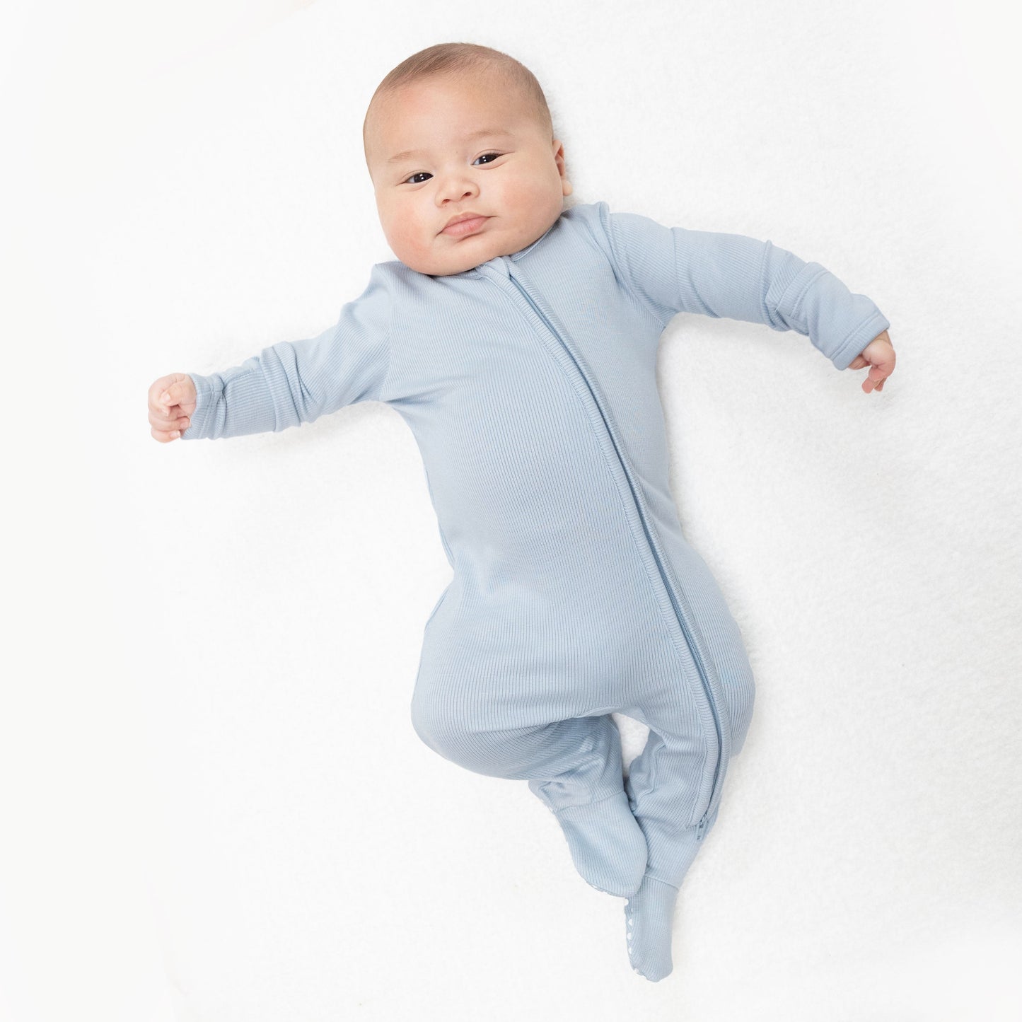 Sheer Blue Ribbed Zip Footie by Angel Dear, lifestyle view
