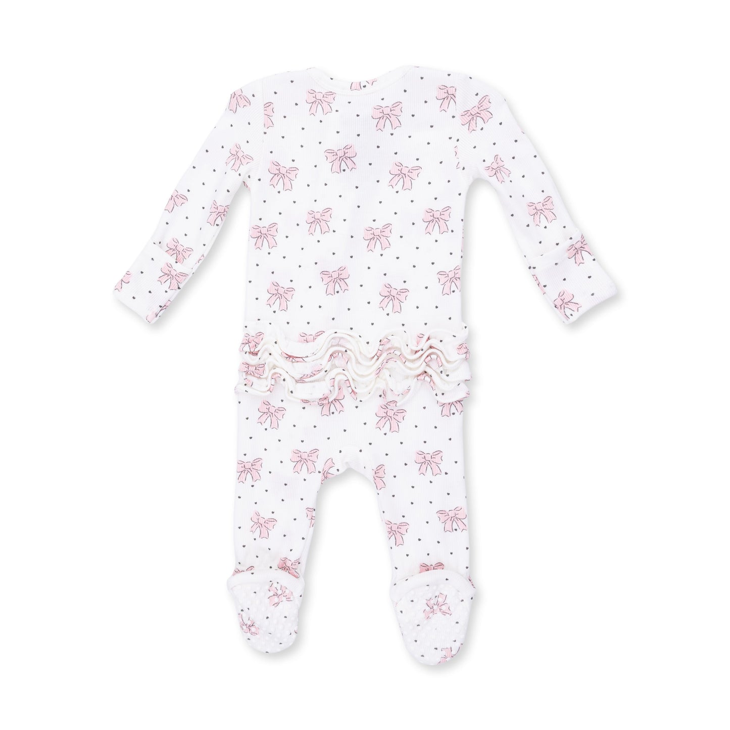Angel Dear Bows and Hearts zip footie back view showing ruffle detail