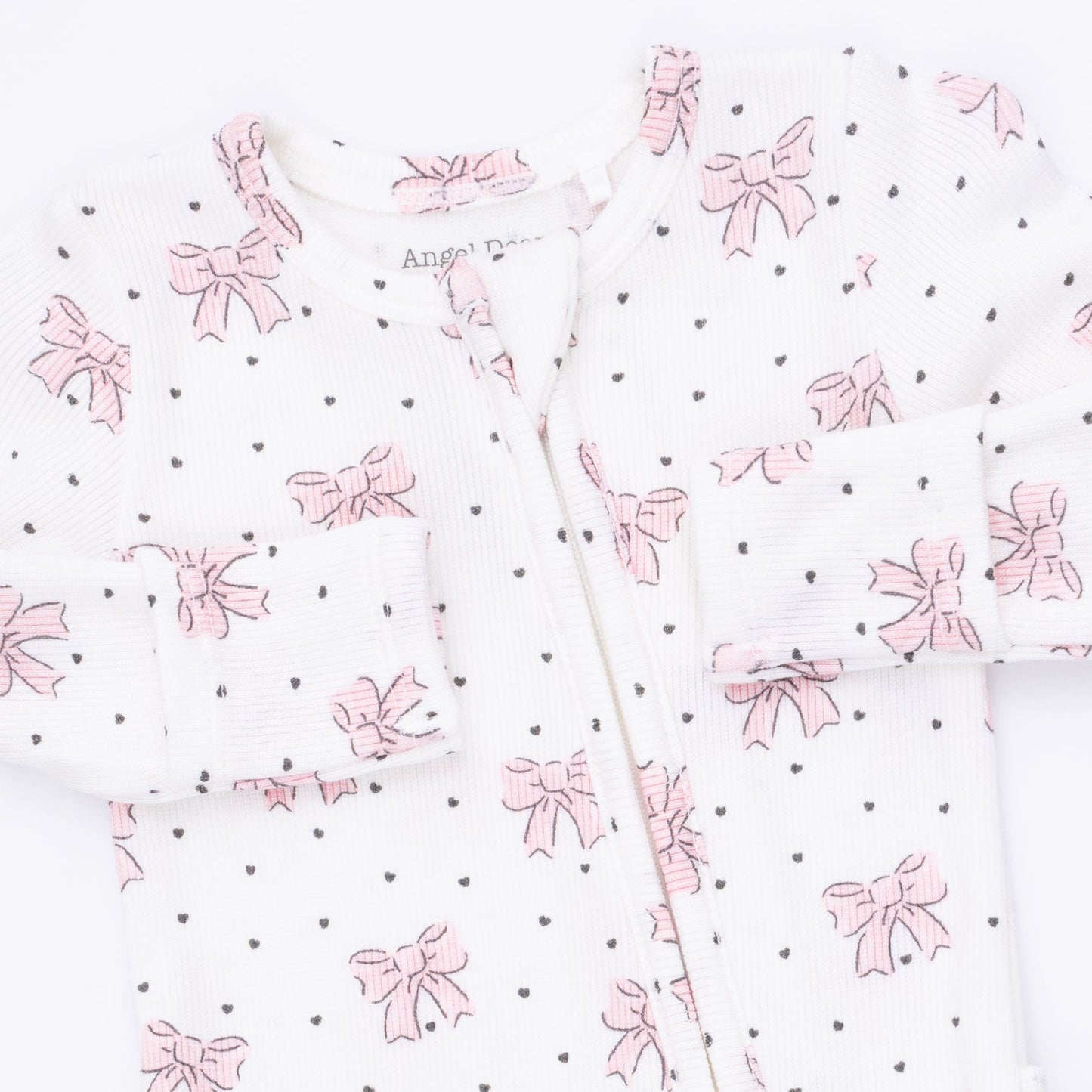 Angel Dear Bows and Hearts zip footie print and fabric detail