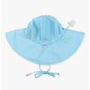 Light blue baby sun hat with a small tag on a white background