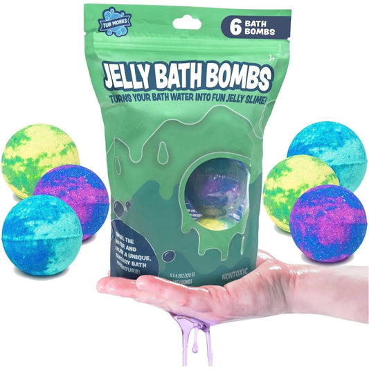 Pack of Jelly Bath Bombs with colorful bath bombs and a hand holding one.