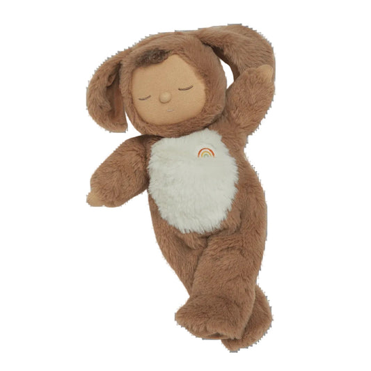 Plush toy in a brown bunny costume with a white belly on a white background