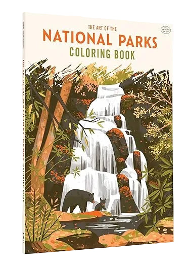 Cover of 'The Art of the National Parks Coloring Book' with a waterfall and bear illustration.