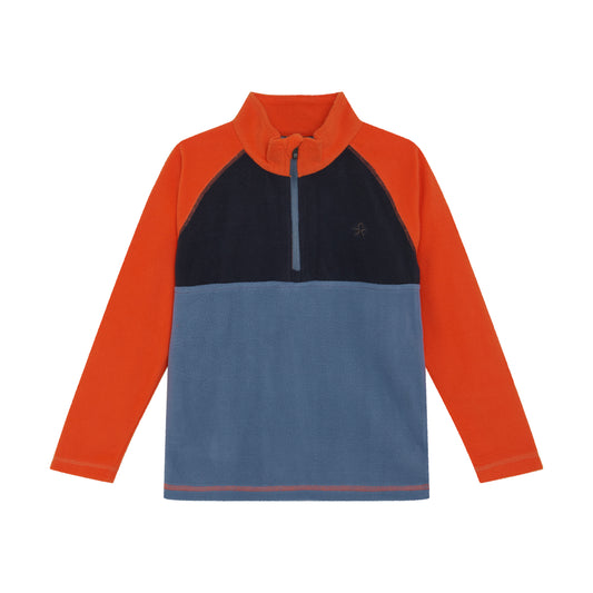 Long-sleeve shirt with orange sleeves and blue body on a white background