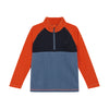 Long-sleeve shirt with orange sleeves and blue body on a white background