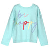 Light blue sweater with 'be happy' text in colorful letters on a white background