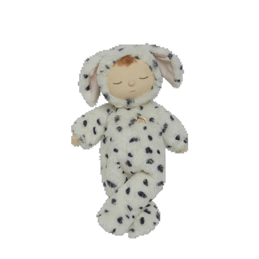 Plush toy resembling a baby in a dalmatian costume on a white background