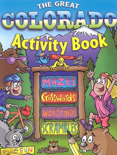 Cover of 'The Great Colorado Activity Book' with cartoon characters and outdoor elements.