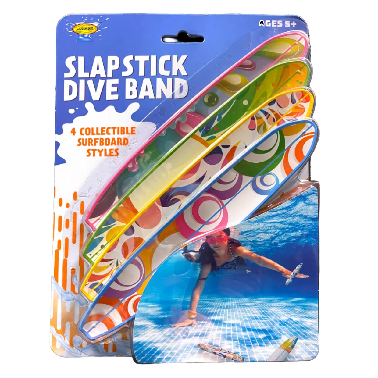 Packaged slapstick dive band with colorful surfboard designs and a child underwater in a pool.