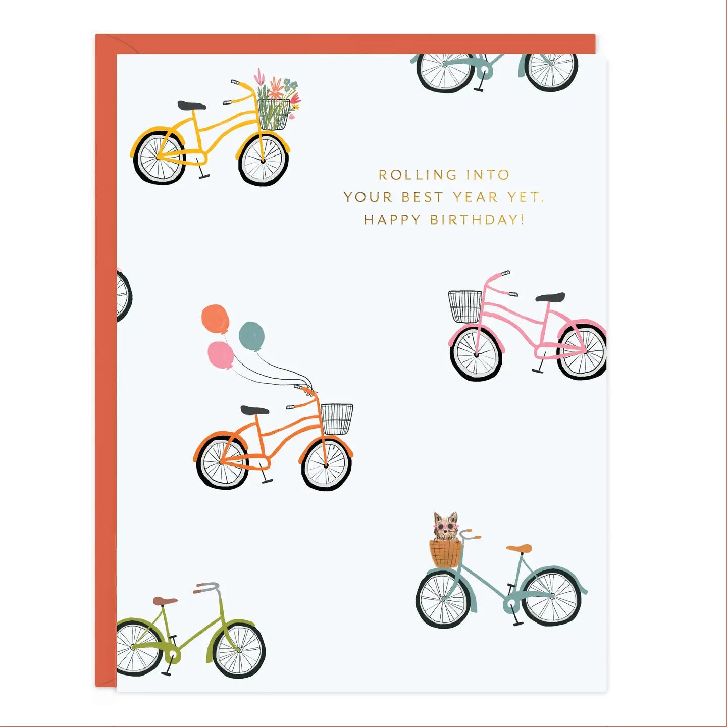 Birthday card with colorful illustrated bicycles on a pale blue background, gold foil lettering