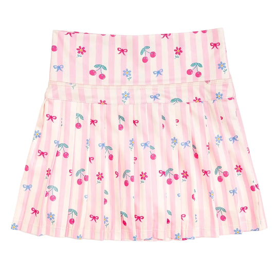 Pink skirt with floral and bow pattern on a white background