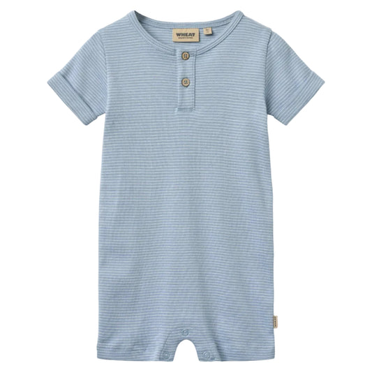 Blue striped baby romper with a visible brand label on a white background