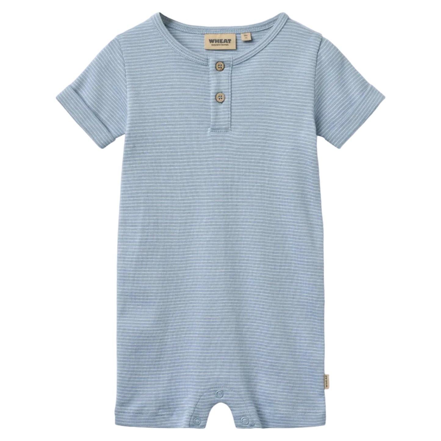 Blue striped baby romper with a visible brand label on a white background