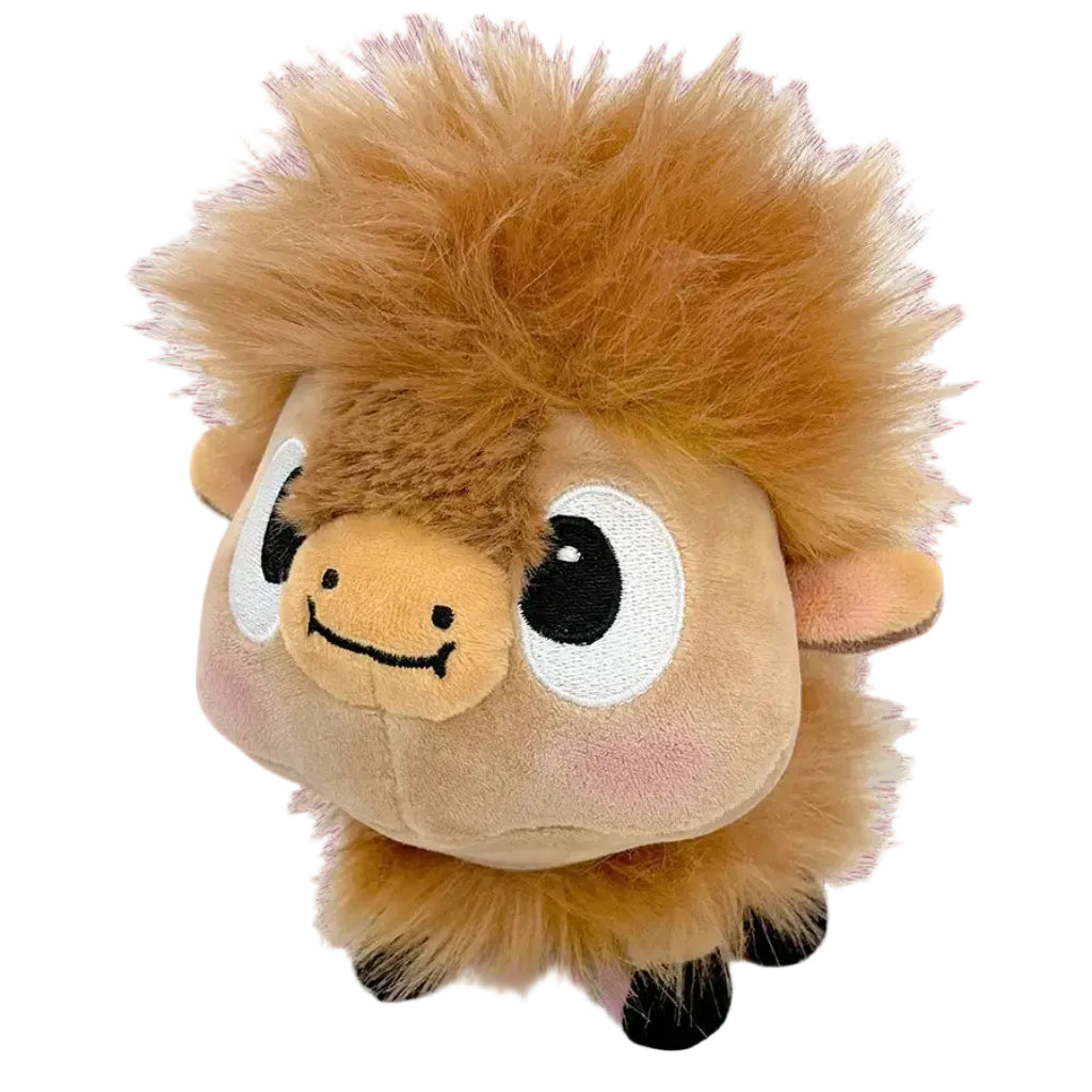 Plush toy resembling a horse with a spiky mane on a pink background