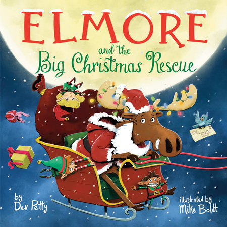 Book cover of 'Elmore and the Big Christmas Rescue' with Santa Claus and reindeer in a sleigh against a night sky.