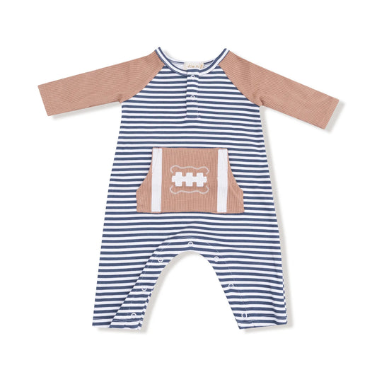 Baby romper with blue and white stripes and pink long-sleeves on a white background