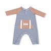 Baby romper with blue and white stripes and pink long-sleeves on a white background