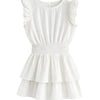 White sleeveless top with ruffled details on a white background