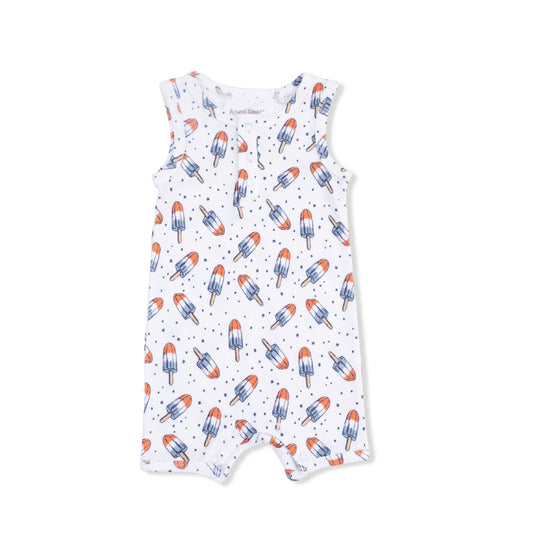 White baby romper with red, white, and blue popsicle  pattern