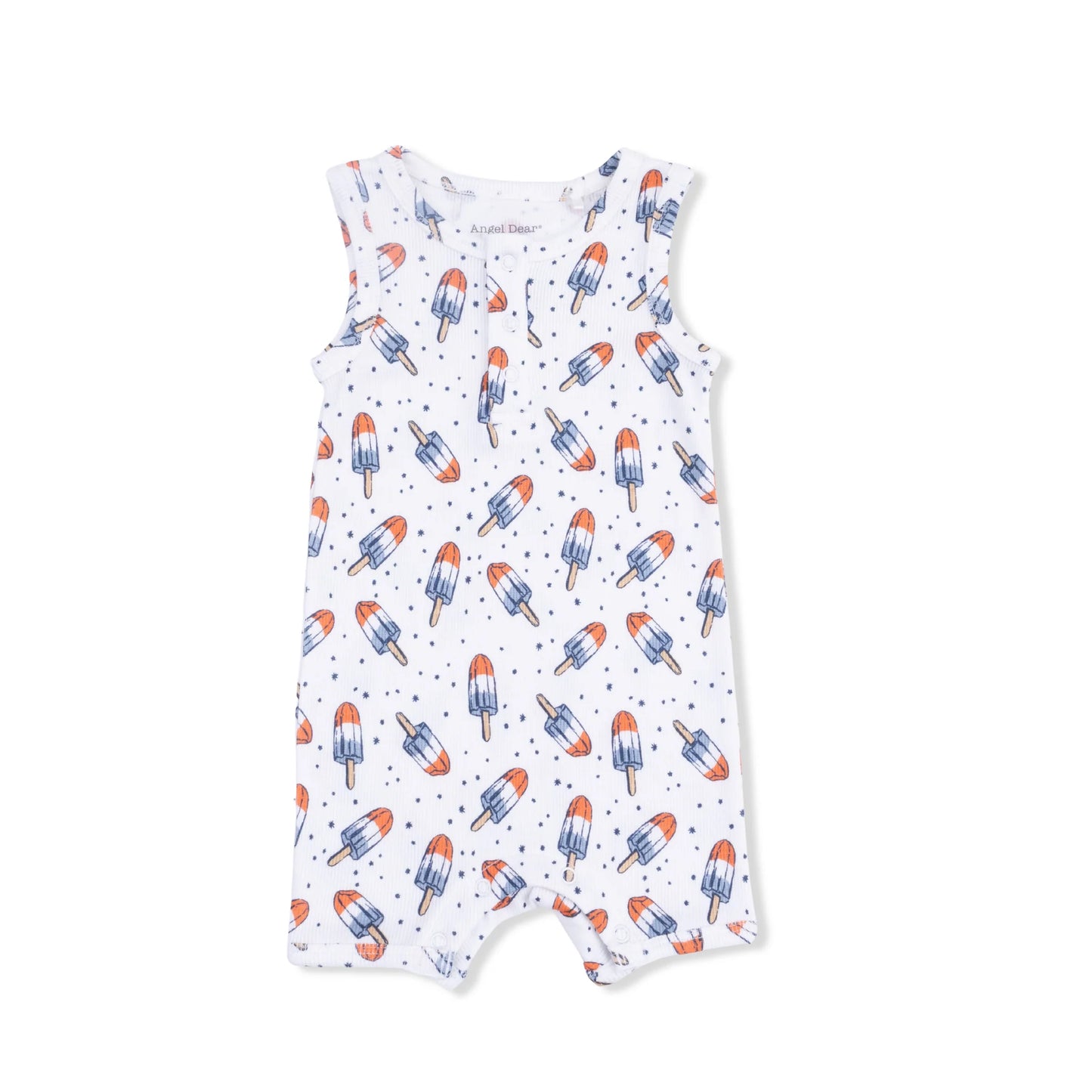 White baby romper with red, white, and blue popsicle  pattern