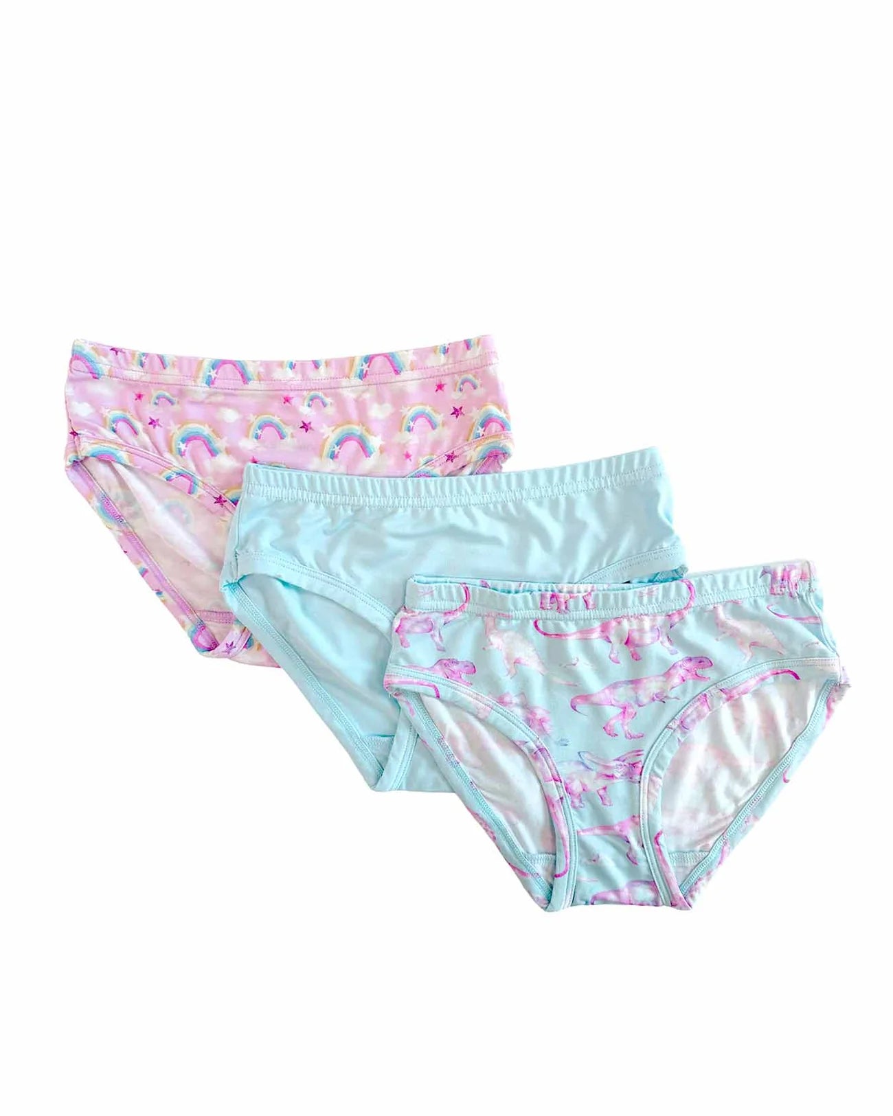 Three pairs of children's underwear with colorful patterns on a white background