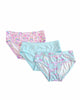 Three pairs of children's underwear with colorful patterns on a white background