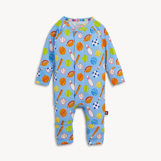 A baby long-sleeve footed sleeper in light blue with a colorful sports ball pattern, shown flat on a light off-white background.