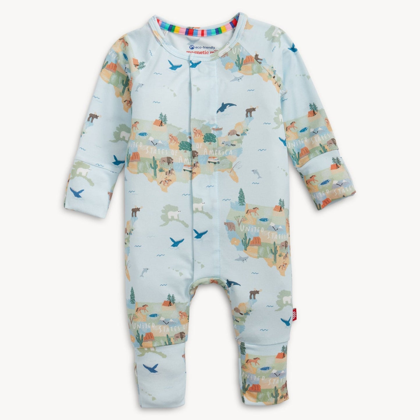 Baby romper with colorful map of America artwork and animals