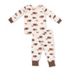 A two-piece baby pajama set featuring a long-sleeve top and matching pants with an all-over bison print on an off-white background. The cuffs and hems are solid brown.