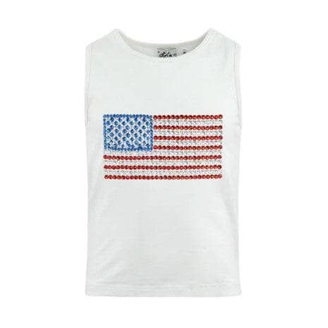 Classic white tank top featuring a rhinestone American flag design in red, white, and blue