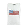 Classic white tank top featuring a rhinestone American flag design in red, white, and blue