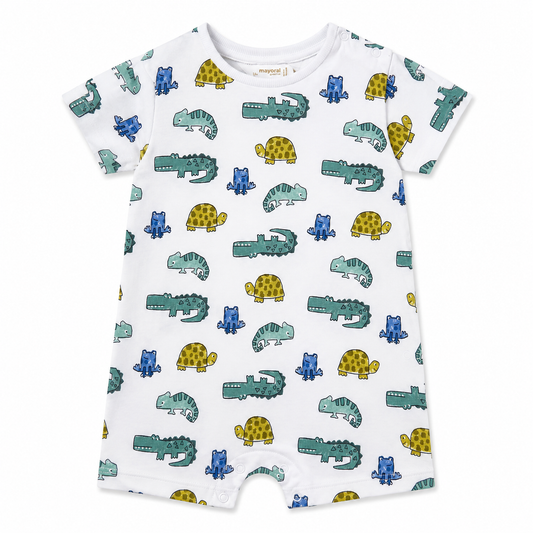 Alligators, frogs, and turtles on a white snap romper. 
