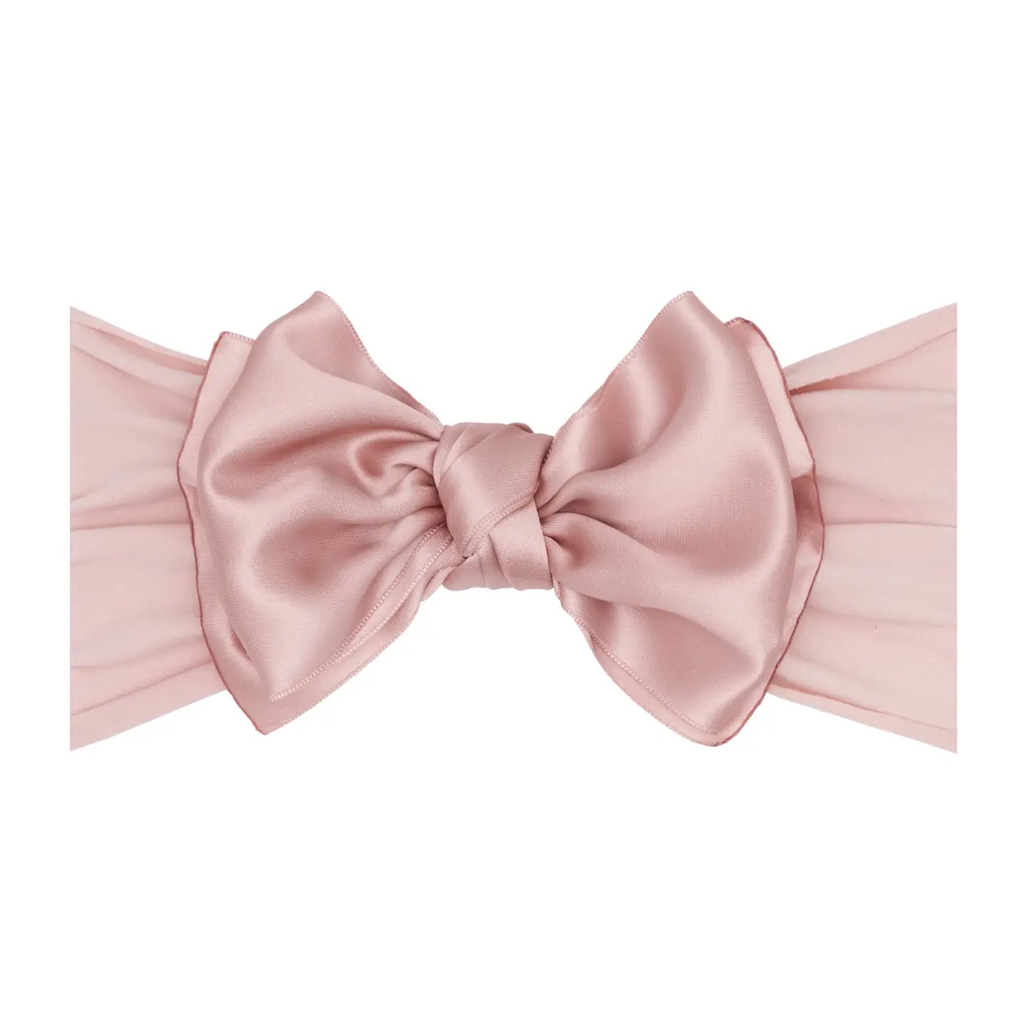 Pink satin headband with a large bow on a white background