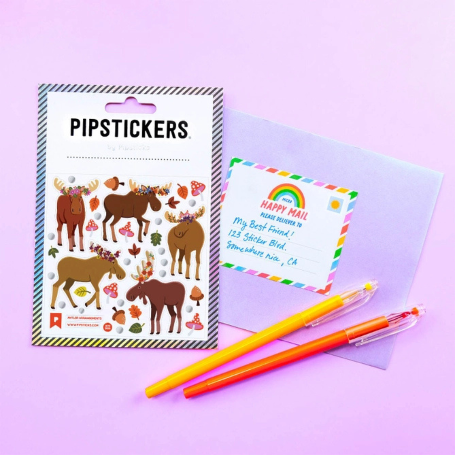 Whimsical moose stickers with floral crowns and foil accents