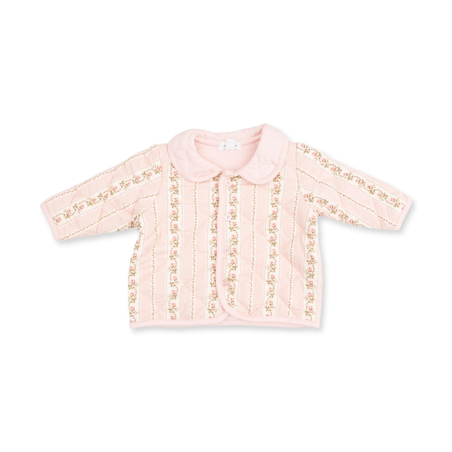 A light pink baby cardigan with long sleeves, a Peter Pan collar, and vertical embroidered stripes on the front and cuffs, shown on a plain white background.