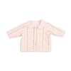 A light pink baby cardigan with long sleeves, a Peter Pan collar, and vertical embroidered stripes on the front and cuffs, shown on a plain white background.