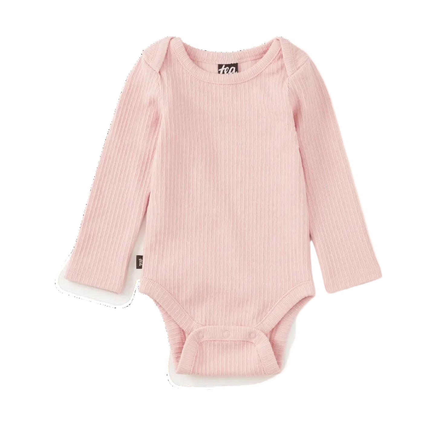 A light pink ribbed long-sleeve baby bodysuit with snap closures at the crotch, laid flat on a white background.