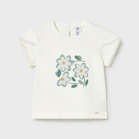 White tee with 3D aqua daisy motif